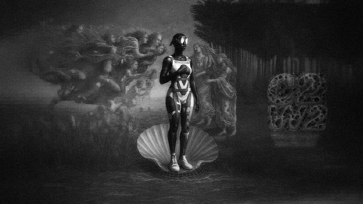 A C2W2 figure in a patterned bodysuit standing on a shell in a dim painted interior.