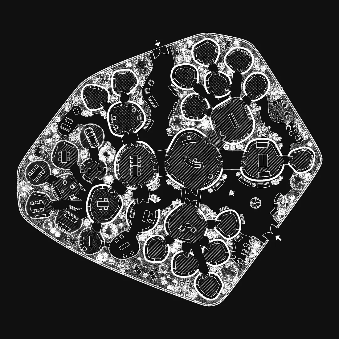 A drawn plan of a virtual building: rounded rooms threaded together around a central hall.