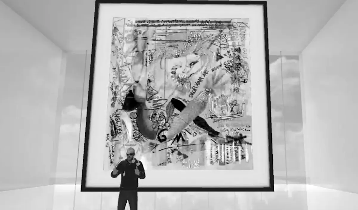 A white virtual gallery room with a single large framed work on the wall and a small figure standing before it.