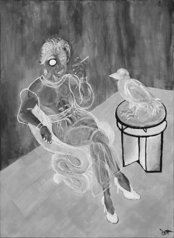sept neuf, 2026: a violet figure in a mint armchair and a pale bird on a stool, in a green room.