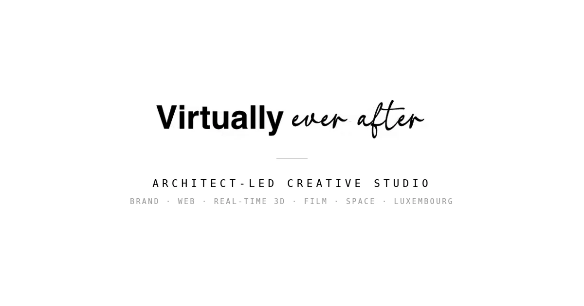 The Virtually Ever After studio card: the wordmark above the line architect-led creative studio.