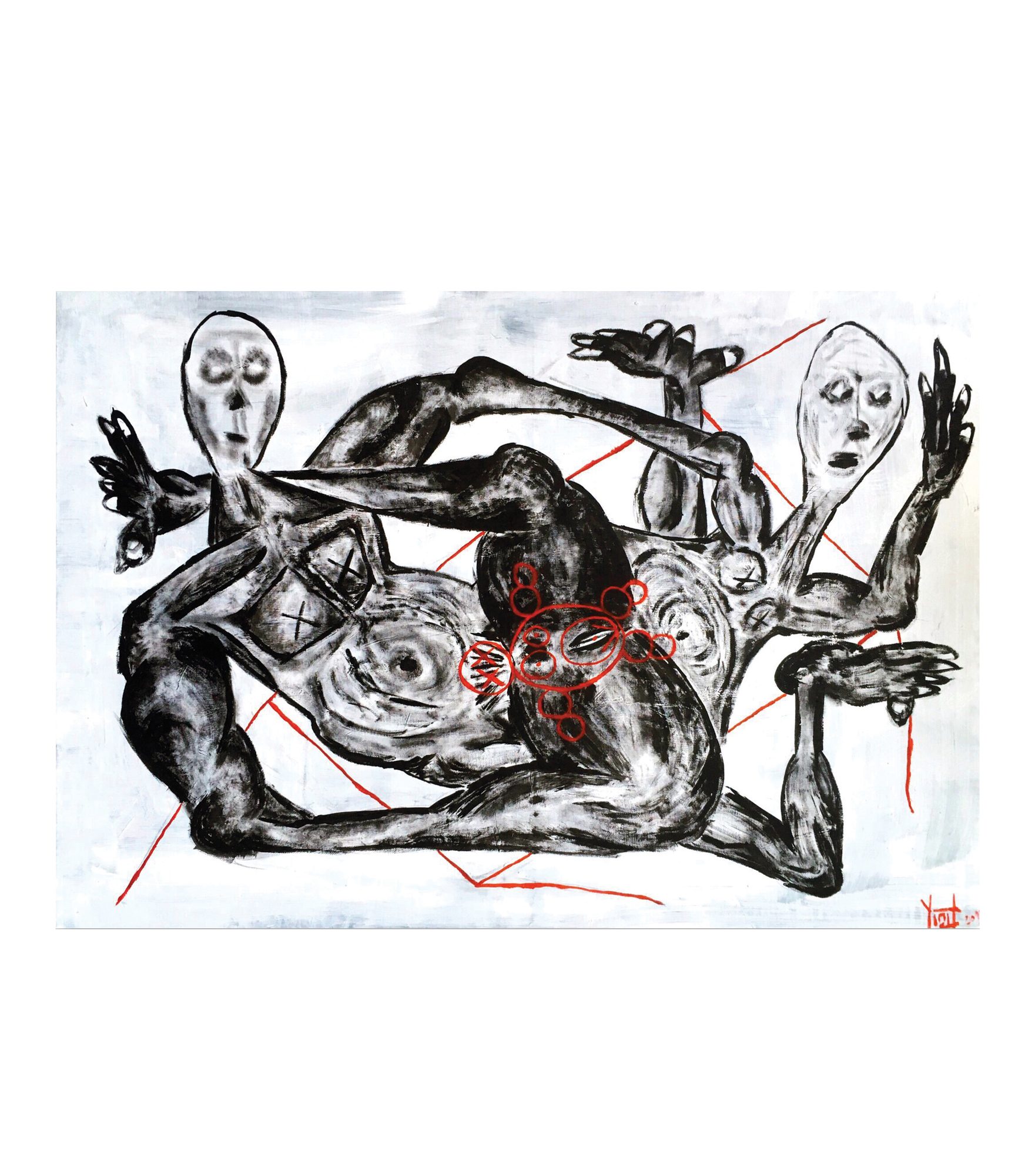 Overlapping grey and black bodies spread across the full width against a pale blue-white ground. At left a figure with a white ovoid head, hollow eyes and a small dark mouth raises one hand with spread fingers. At right another ovoid white head with an open mouth tops a body whose two arms lift, fingers spread. Between them a large dark torso lies horizontally, legs extending to the lower right and an arm crossing the upper centre. Red outlined circles of varying size cluster at the middle around a red oval. Thin red diagonal lines run corner to corner. Black crosses mark several chests.