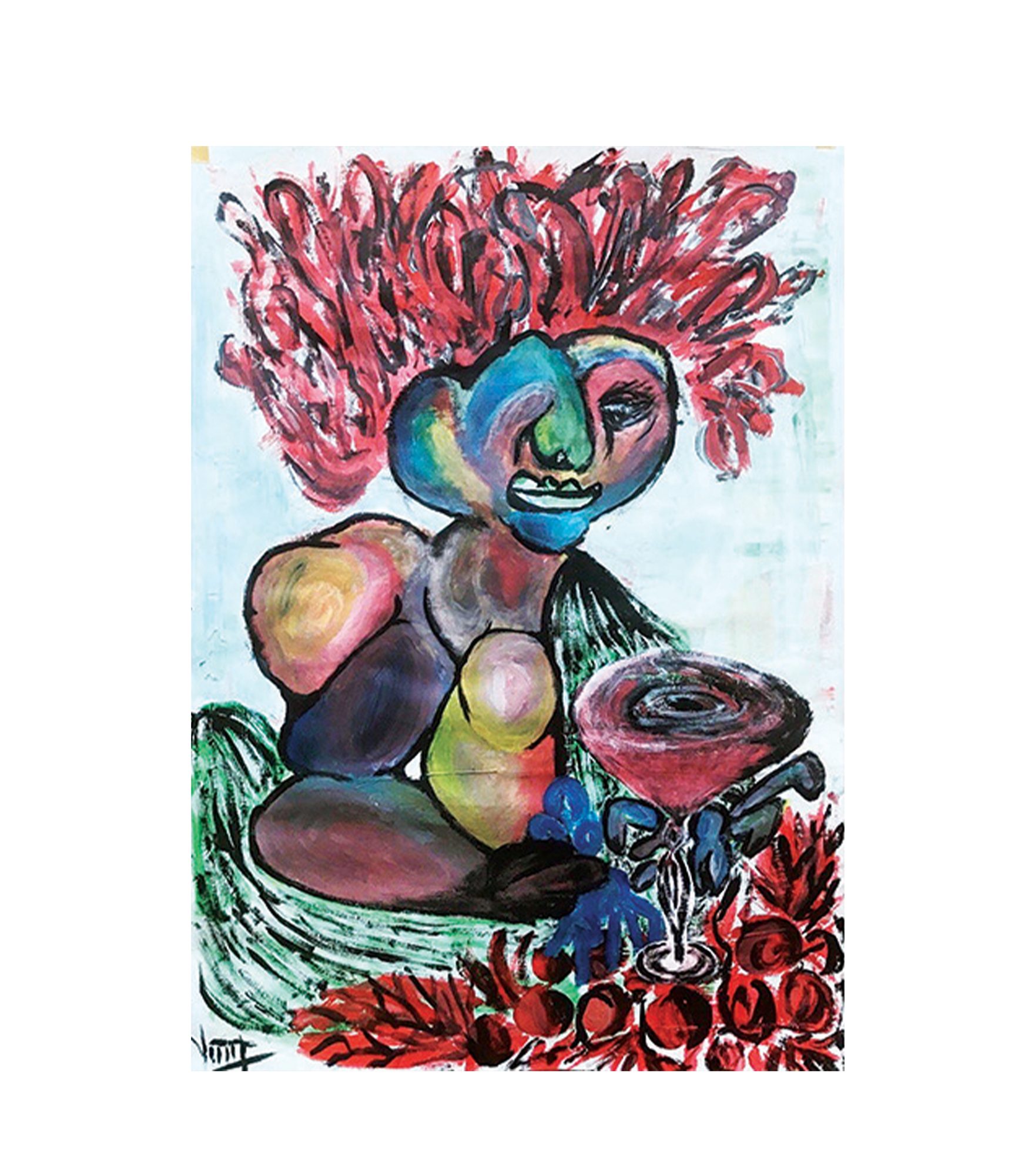 One seated figure occupies the centre against a pale blue-white ground. Its large head, ringed by a thick black contour, is patched with blue, green, yellow and pink, with one eye at the right and a row of teeth in a wide mouth. Red and black looping strokes radiate from the head to the upper corners. The torso and legs are built from rounded units in ochre, pink, blue-grey, mauve and olive. At lower right a wide goblet carries a dark spiral in a red bowl, with blue rounded shapes and a blue hand beside it, above red fruit and red strokes along the bottom.