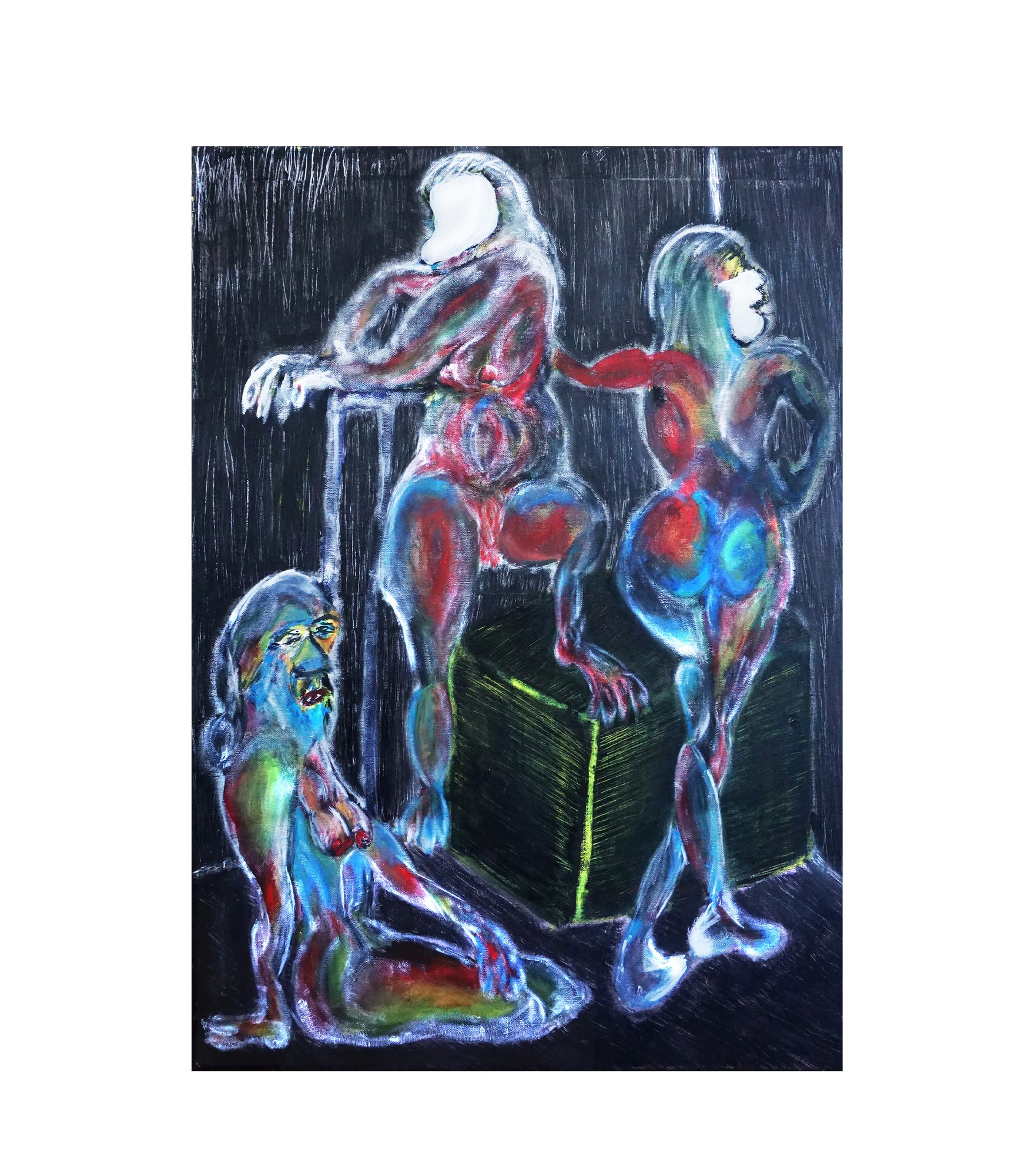 Against a black ground scored with fine vertical lines, three figures occupy the frame. At left a kneeling figure with a blue and green face, yellow patches around the eyes and an open red mouth rests one knee on a green oval. In the centre a taller standing figure leans a forearm on a thin vertical pole; its head is a plain white oval with grey hair, and its body is streaked with grey, red and blue. At right, a third figure stands with its back turned, its buttocks painted as concentric blue and red rings. A dark green box with yellow-green edges sits at lower centre.