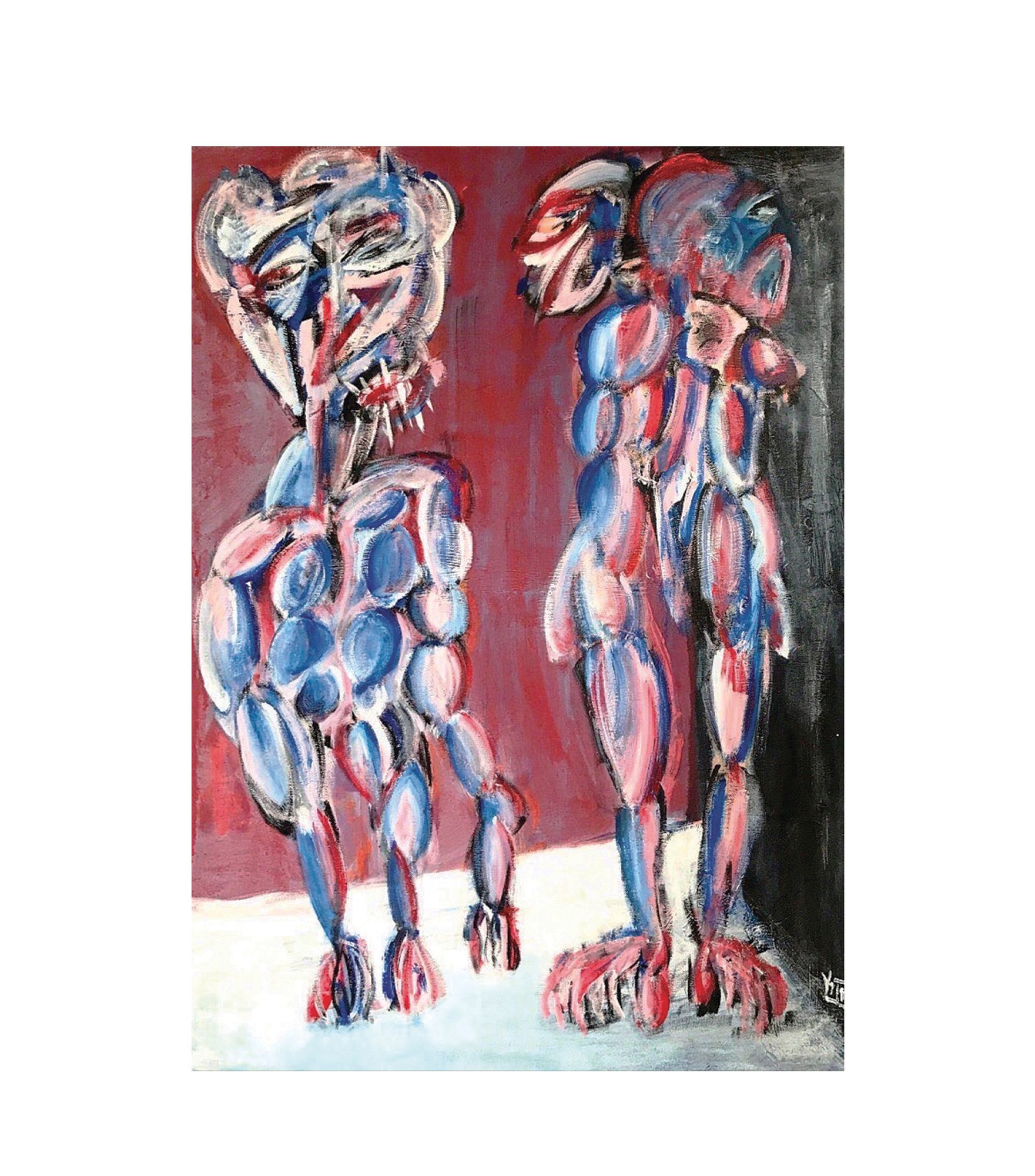 Two upright figures stand side by side, each built from clusters of overlapping ovoid units in cornflower blue, pale pink, red and white, outlined in black. The left figure fills the left half; its head has an open mouth lined with white spikes, and its body of stacked rounded lumps rests on two thick legs ending in clawed feet. The right figure is narrower and turned in profile, its feet spreading into long toes. Behind them a dark red field covers most of the surface, with a black band down the right edge. An off-white strip runs along the bottom.