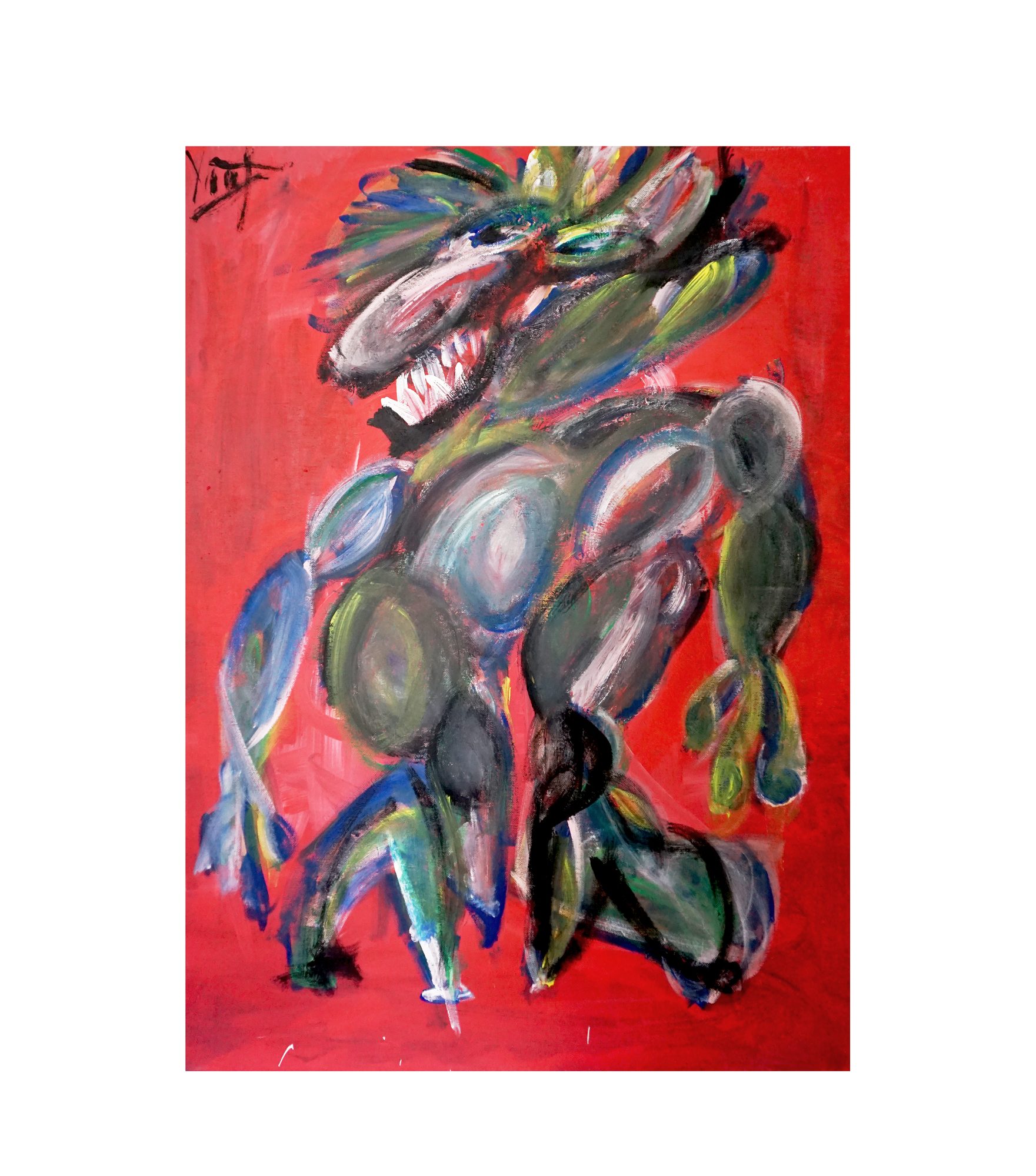 Against a flat red ground that covers the whole surface, a single upright figure rises through the centre. Its head, in the upper area, turns to the left and opens a long jaw showing a row of white triangular teeth. Fanning strokes of black, green, blue and yellow spread from the top of the head. The torso is built from overlapping rounded ovals in grey green, olive, white and black, edged with blue and yellow. Two legs descend to the lower edge, and a limb on the right ends in green and yellow lobes. A black brush mark sits in the top left corner.