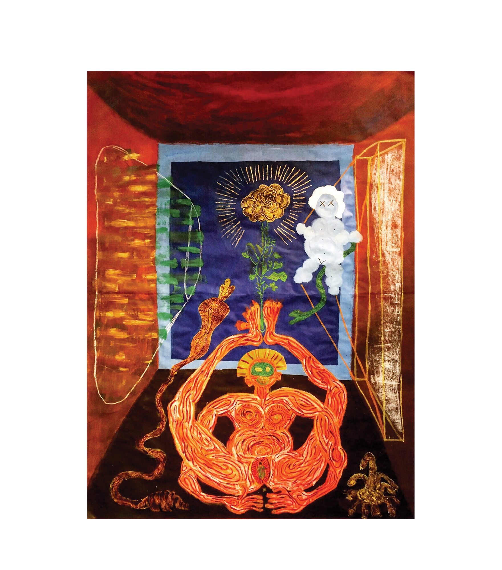 Filling the lower centre, a symmetrical orange figure built from ropy striated lines raises both arms outward in a wide loop; its head carries a green oval face with two lighter eye shapes and a yellow rayed crown, and concentric rings mark the chest and abdomen. Behind it a deep blue rectangle holds a gold rosette with radiating gold rays and a green leafed stalk descending from it. At upper right a white tufted form with crossed eyes and a stitched mouth hangs on thin orange diagonals. Dark red spans the top, brown the floor, with a coiled brown spiral at lower left.