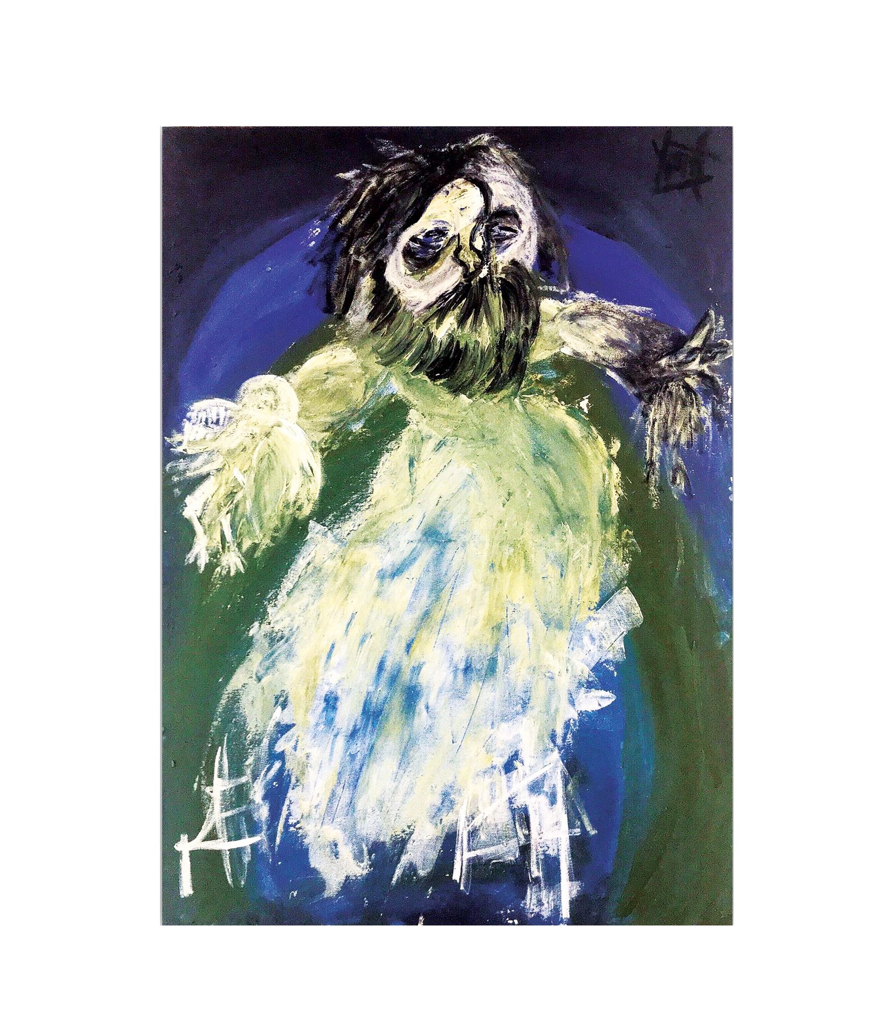 One frontal figure fills the surface, shown from the head down with no legs visible. Dark hair spikes outward above a pale yellow face with dark eye sockets, and a black green beard covers the lower head. Below, the body is a broad mass of pale yellow, white and blue in loose vertical strokes. The left arm ends in a pale brushy hand; the right arm lifts toward the right edge, ending in a dark grey hand with spread fingers. A deep blue arc surrounds the figure, going near black above and green at the sides. White scratched lines cross the bottom; a black mark sits top right.