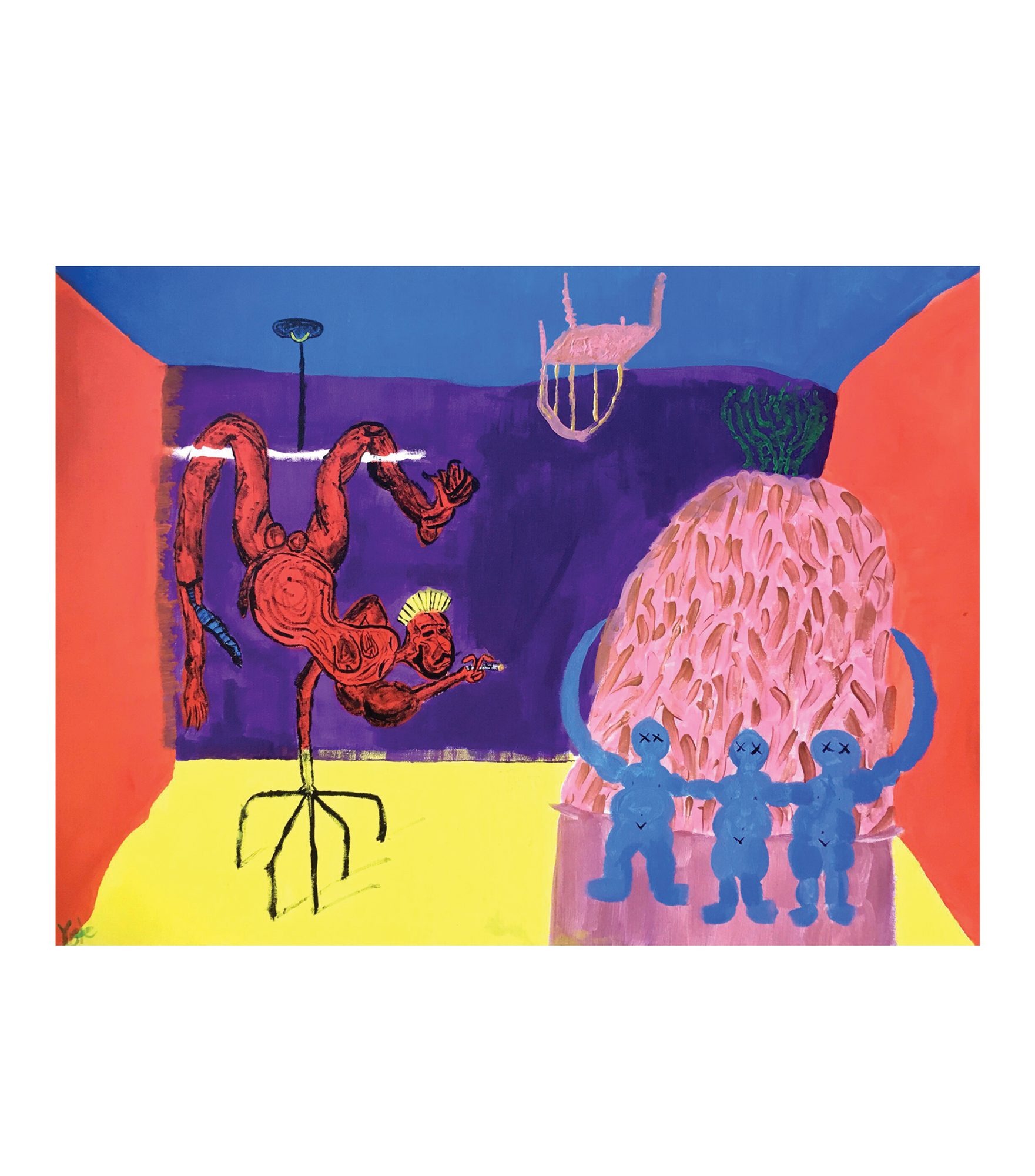 Inside a room with red angled side walls, a blue ceiling, a purple back wall and a yellow floor, a red figure balances horizontally on a thin black pole with a splayed tripod base at left. Its head, with yellow spiked hair, faces right and its hand holds a small striped object. A blue segmented tube sits along the left arm. A pale pink chair floats upside down at top centre. At right a large pink mound covered in brown strokes carries a green bush; three blue figures with X eyes stand in a row before it, arms linked, flanked by two blue crescents.