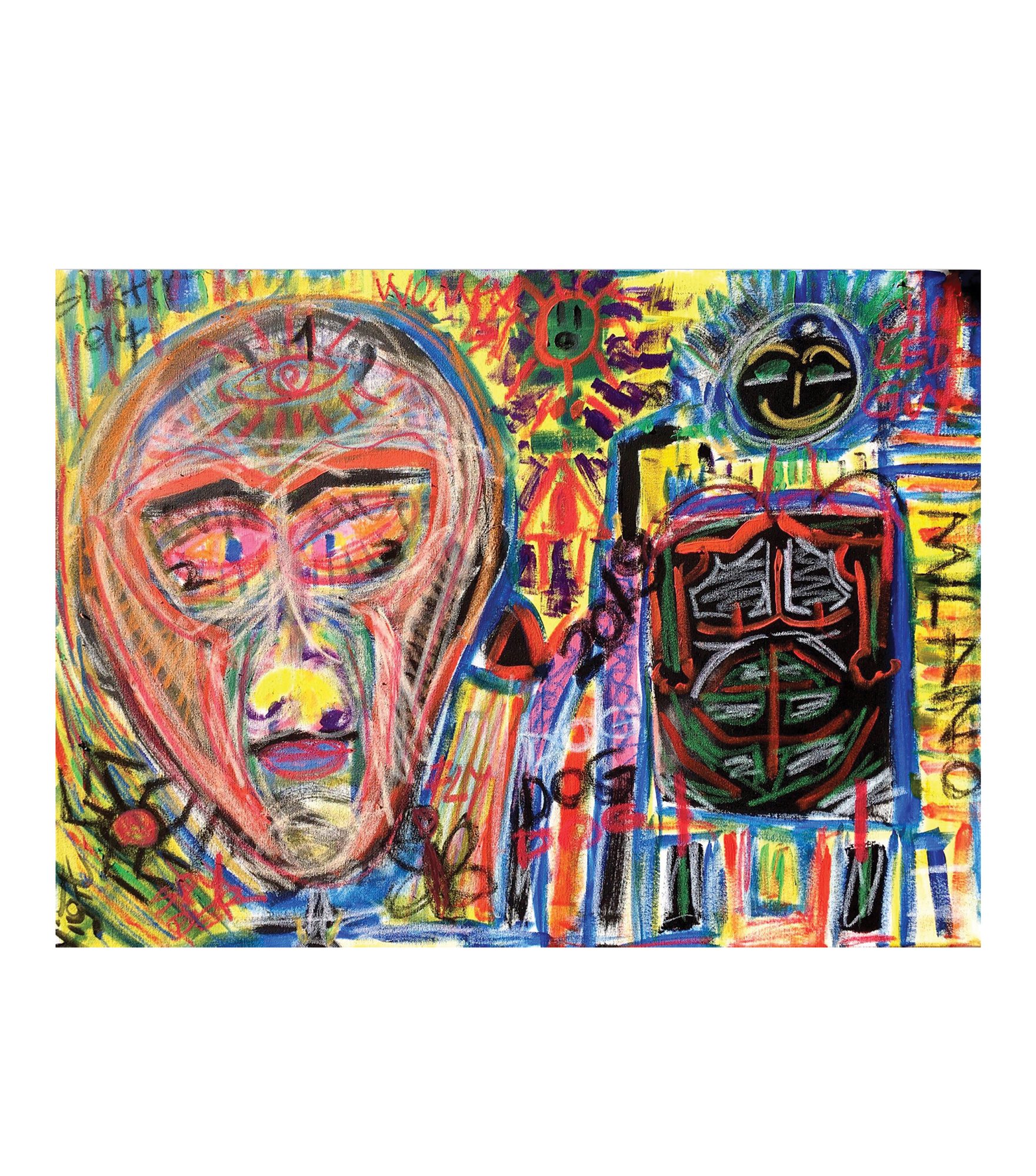 A large frontal head fills the left half of a horizontal canvas, drawn in ochre, orange and pink, with wide almond eyes under black brows, a yellow nose, blue and red lips and pink streaks down both cheeks. The right half holds a blue upright form topped by a dark disc with a yellow curved mark, its centre a black and green panel crossed by red and white bars. A red rayed circle with a small green face sits at top centre. Yellow, green and purple scribbles fill the ground, and block capitals run along the top, down the centre and vertically at the right edge.