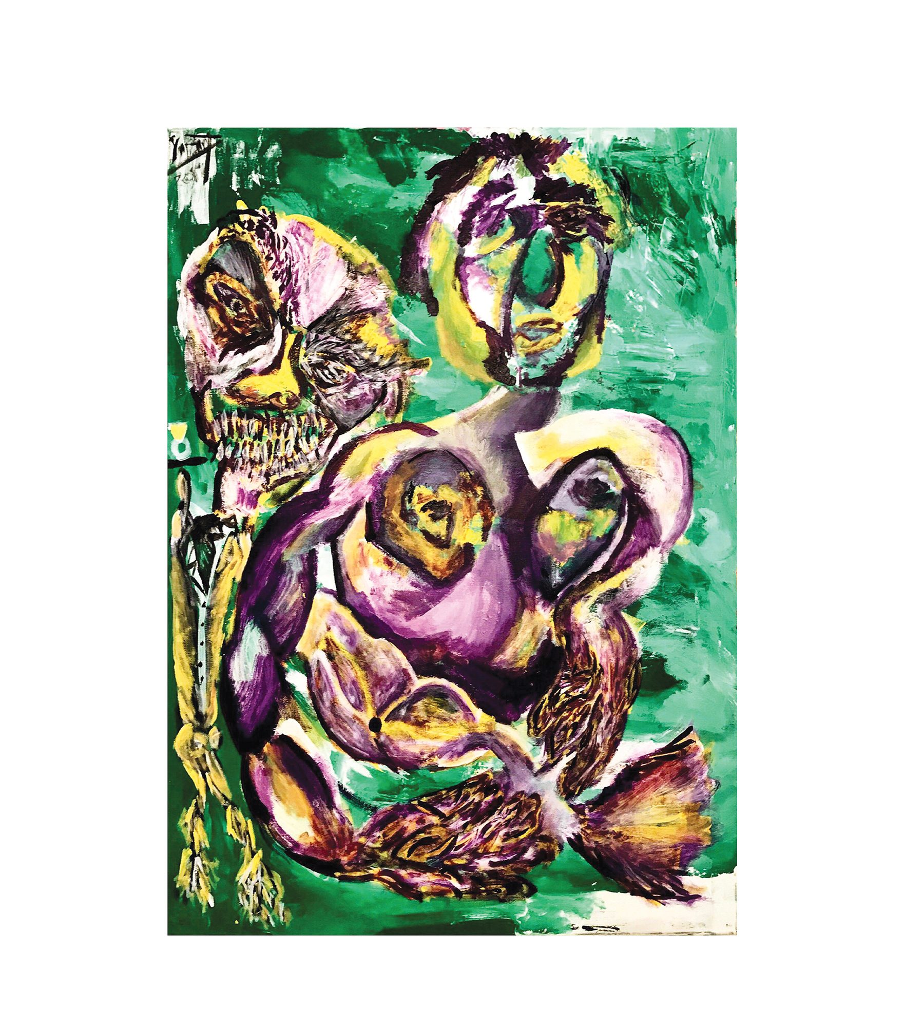 Green paint covers the whole background in sweeping strokes. Upper left holds a pink, yellow and dark purple head-like mass with one large sunken eye and a row of white teeth-shaped marks. Upper right, a second rounded head in yellow, white and purple carries two dark curved eyes and a mouth. Below, a broad torso is built from overlapping rounded lobes in mauve, yellow, ochre and white, a circular ochre patch on the left breast, a dark oval on the right. Brown and purple streaked fan shapes fill the lower third. A narrow yellow band with hanging strands runs down the left edge.