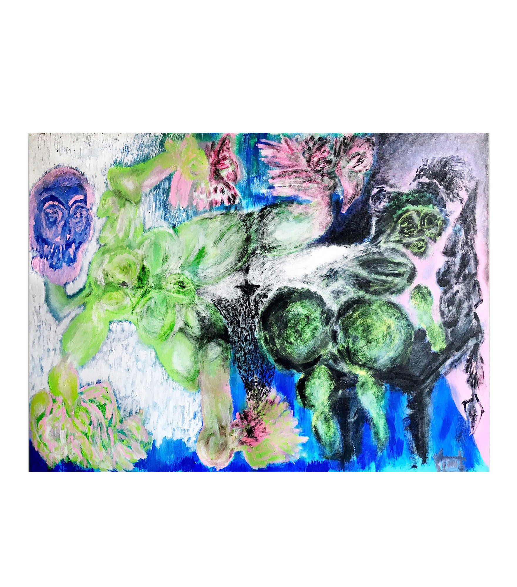 Overlapping rounded masses in pale green fill the centre and form a reclining body whose limb reaches down to a hand at the lower edge. An oval pink and blue face with two large eyes sits in the upper left. Pink and green feathered forms spread across the top. At right a dark green head with bared teeth rises above two large green spheres set on a black mass, with green legs below. A bright blue band runs along the bottom, white and pale grey cover the left, and lavender fills the upper right corner.