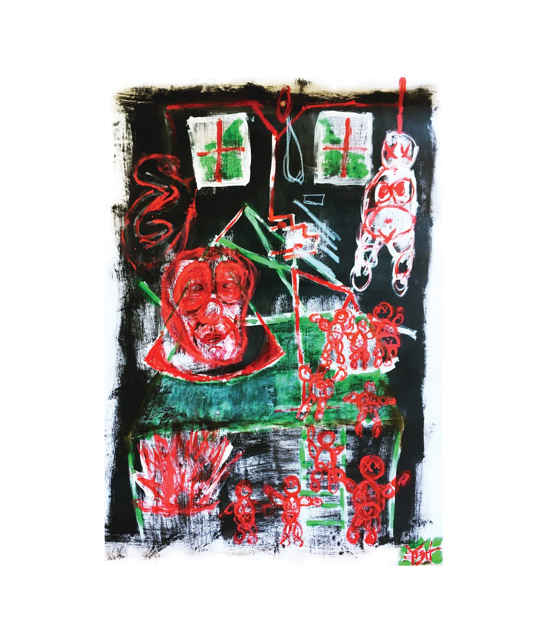 Black paint covers a vertical sheet, leaving raw white paper along all four edges. Near the top, two white squares hold green patches crossed by red lines, and between them a red stick figure with raised arms stands beside a grey loop. At upper right a white outlined figure with crossed eyes and a circled chest is drawn at the end of a long red vertical line. A large red and white head with wide eyes and open mouth occupies the left middle above a green horizontal band. Small red stick figures cluster across the lower third beside a green ladder and a red fan of strokes.
