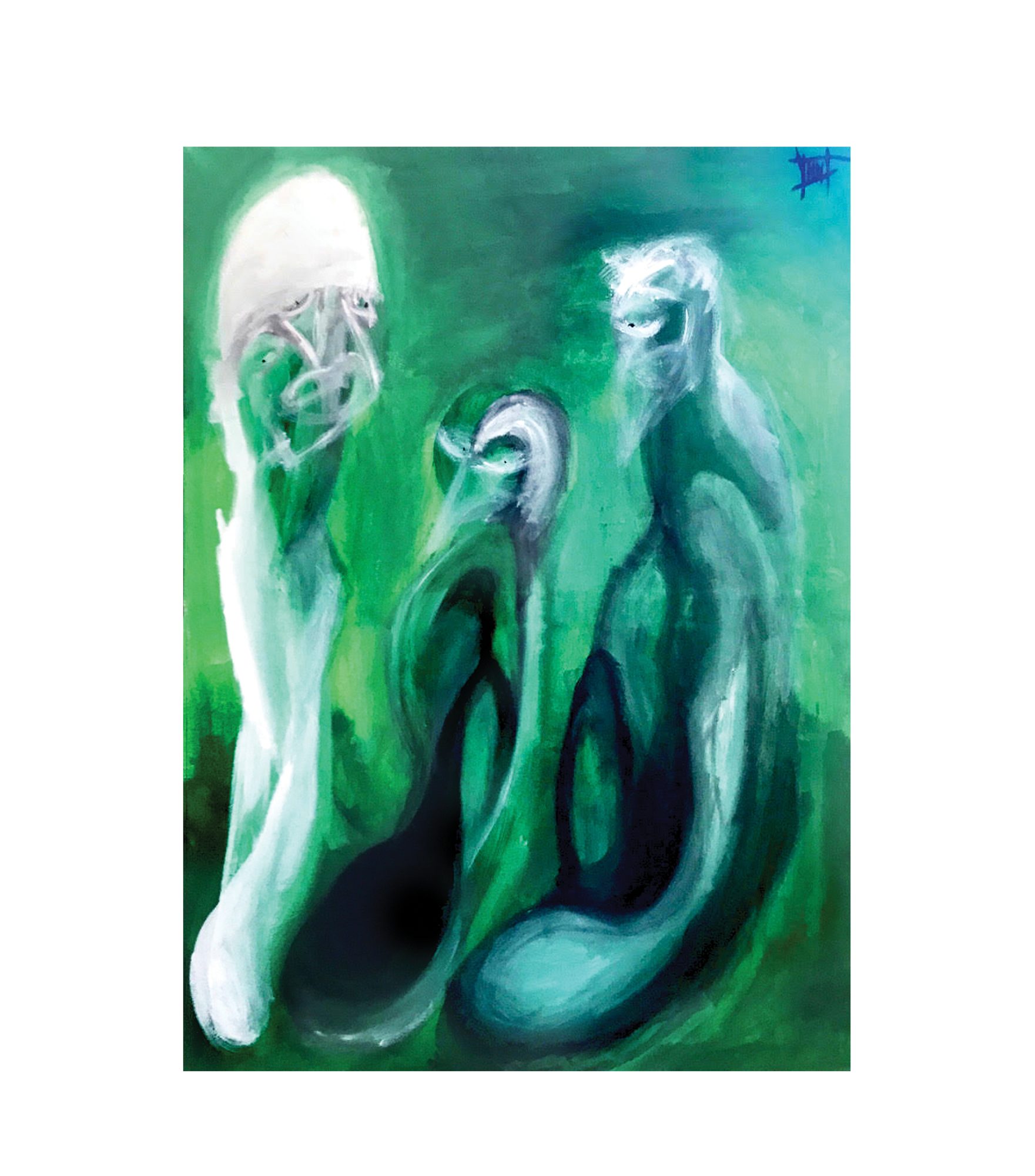 Green covers the entire ground, shifting from bright yellow green at the left to dark blue green near the edges. Three elongated pale forms occupy the field. The tallest, at the left, has a smooth rounded bald head with thin grey lines for features and a long white column of a body reaching the lower left corner. A smaller shape in the centre carries a curled white and lavender head above a dark navy shaft. The third, upper right, tapers downward through stacked blue green ovals. A teal curve crosses the lower centre. A dark blue mark sits at the top right.