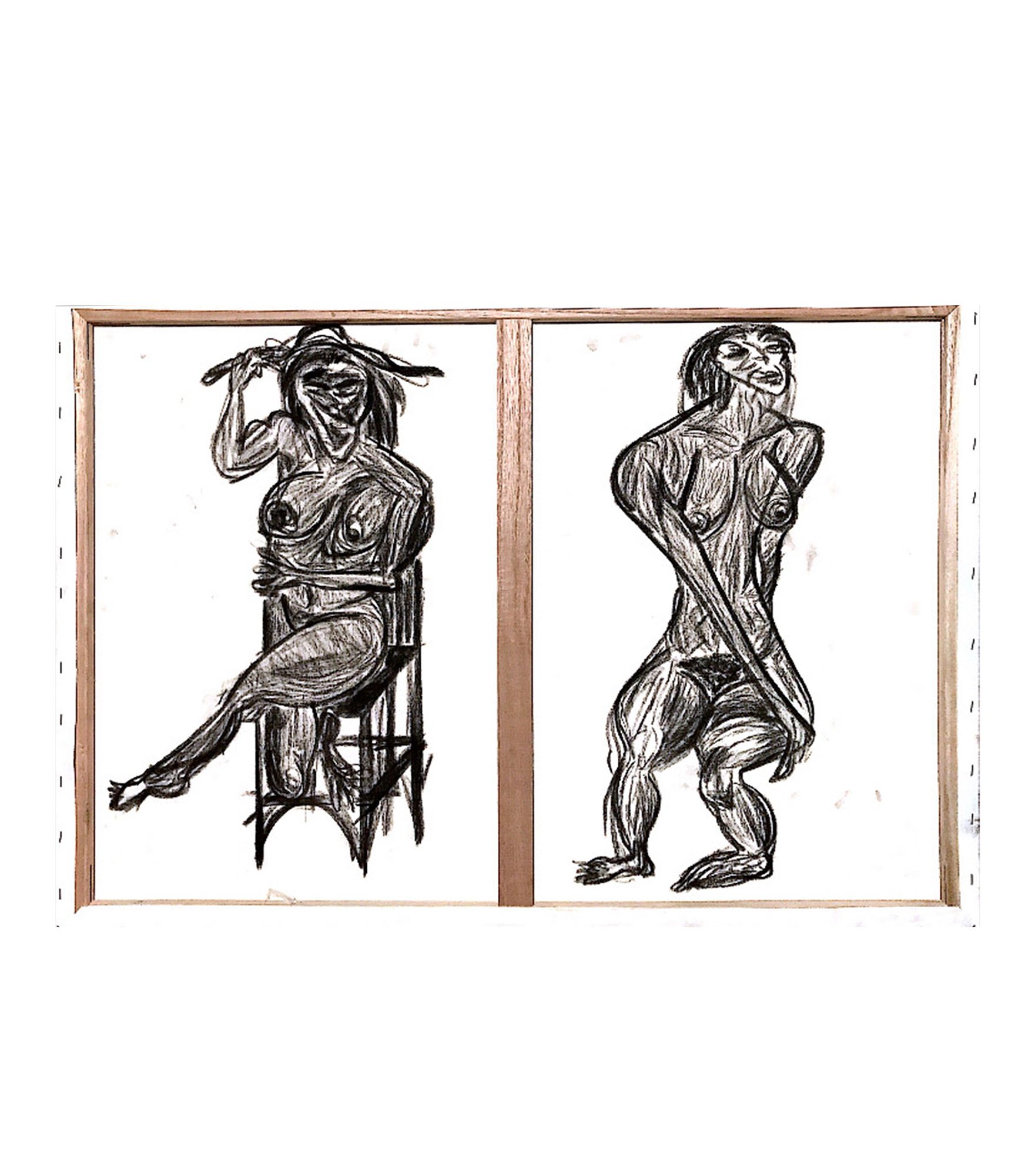 Charcoal drawing on off-white canvas, split into two panels by a vertical wooden stretcher bar, with further bars framing the outer edges and staples running down the left and right sides. In the left panel a nude figure sits on a straight-backed chair in three-quarter view, one arm raised to the head, one leg stretched out to the left, the other bent under the seat. In the right panel a second nude figure stands frontally, arms drawn behind the back, knees bent, feet flat and broad. Both are worked in dense hatching with heavy dark contour lines.