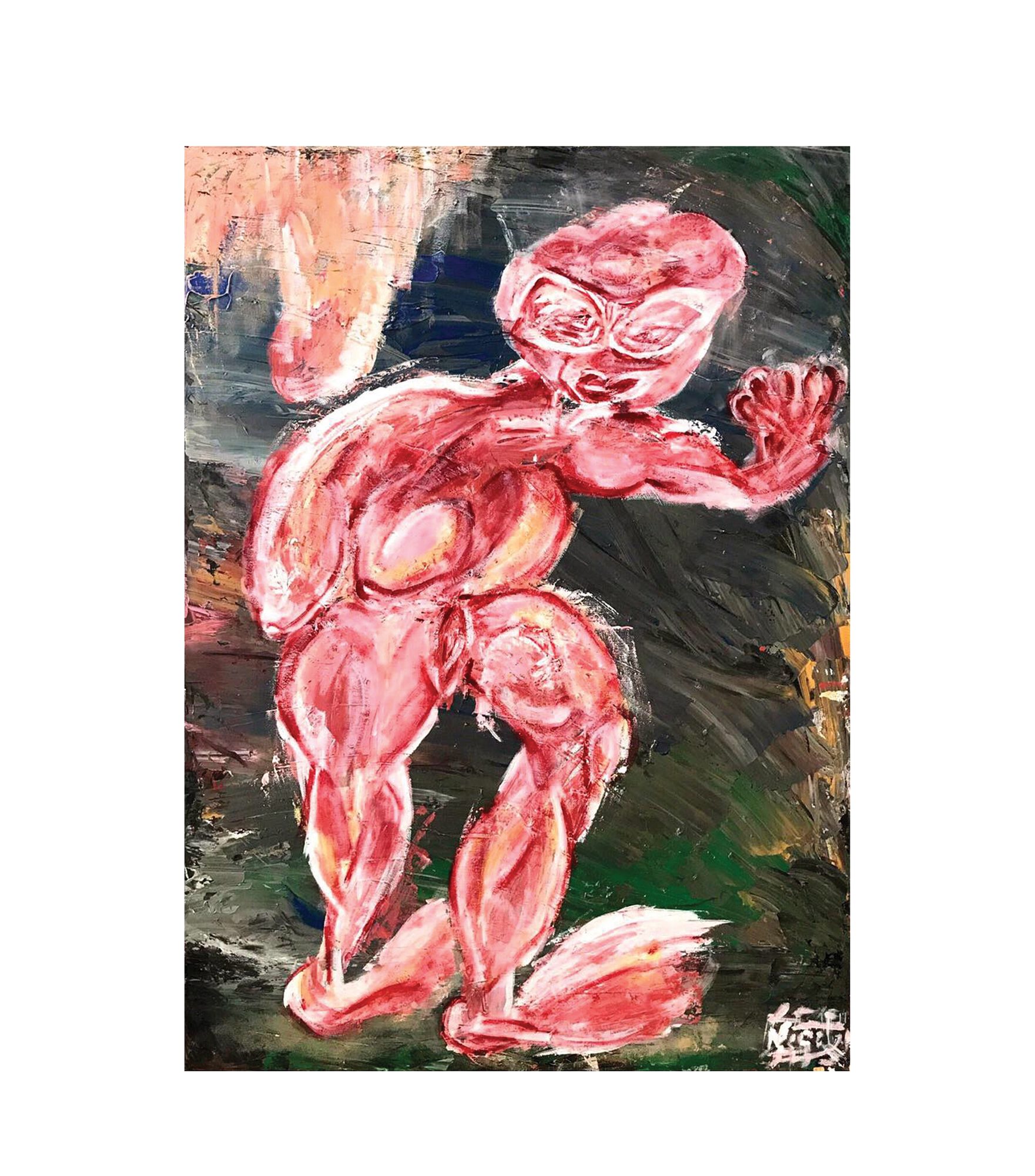 Pink and red rounded lobes build a single figure that fills most of a vertical canvas, streaked with white and orange. The rounded head carries two large oval eyes under heavy brows and a small mouth. One arm reaches to the right edge, ending in a splayed hand with separated fingers; the other drops along the left side. Both legs bend, and two long flat feet spread across the bottom. The ground behind is brushed in dark green, brown and black, with pale peach and a small blue patch at upper left and ochre at the right edge. White marks sit at lower right.