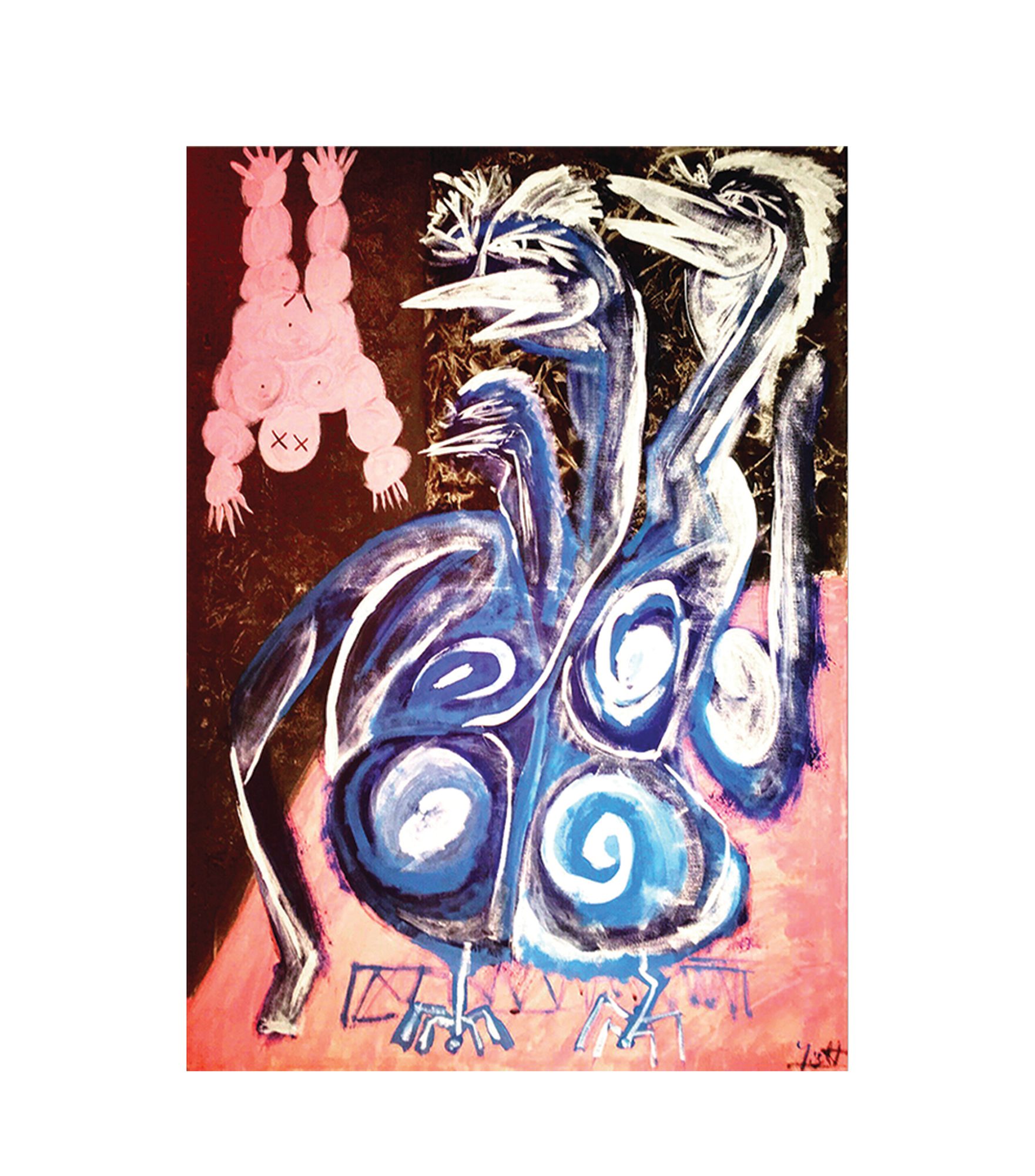 Three long necks rise from a single blue body at centre right, each ending in a head with a long pointed beak and a white feathered crest. The body carries five concentric circle and spiral motifs in blue, white and dark violet, and stands on thin pale legs with splayed claw-like feet along the bottom edge. Upper left, on a dark maroon field, a pink form made of stacked circles hangs inverted, with spread fingers at top and bottom and two crossed marks near its lower end. The lower third is salmon pink, crossed by thin drawn lines forming trestle shapes.