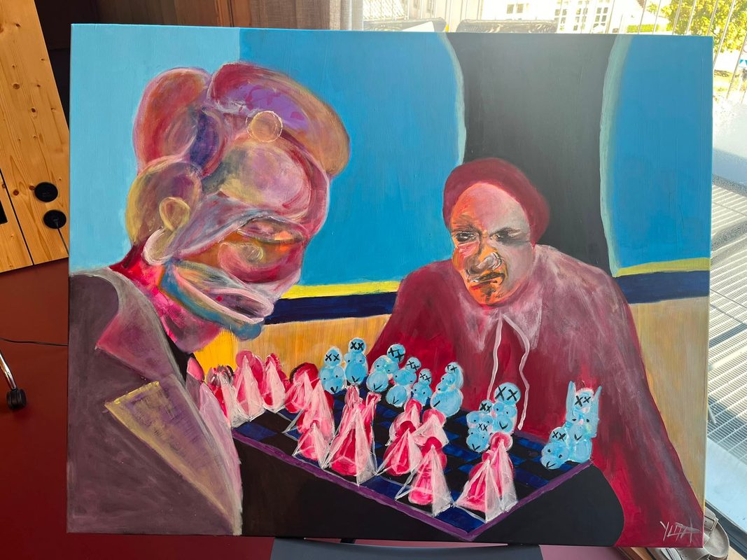 Two figures face each other across a chequered board turned corner on, its near corner meeting just above the bottom edge. At left a large head fills the upper corner, built from overlapping rounded lobes in rose, coral, mauve and ochre with no eyes and no mouth, one white and one yellow ring drawn on it and a pale tapering tube hanging from its underside; below, a dark aubergine jacket with a wide pale lapel line and a long gold wedge down its lower left runs to the bottom edge. At right a smaller head in orange and grey scowls under a dark red cap, the brows knotted and the eyes narrowed, above a wine red cloak with a white collar from which two thin white cords hang into the pieces below. On the board, pink cones each under its own translucent wrapping stand clear of one another; pale blue round heads, some with crossed eyes and some with dots, a small mouth under each, are stacked two and three high and run together into clumps, the densest of them with pointed ears at the right edge of the board. The two sides mix across the middle of the board and nothing stands off it. Behind, a dark grey opening with softly curved edges runs from the top edge down between two flat cyan fields, and a yellow line, a navy band and a warm plane cross the middle of the picture. A pale signature sits in the lower right corner.