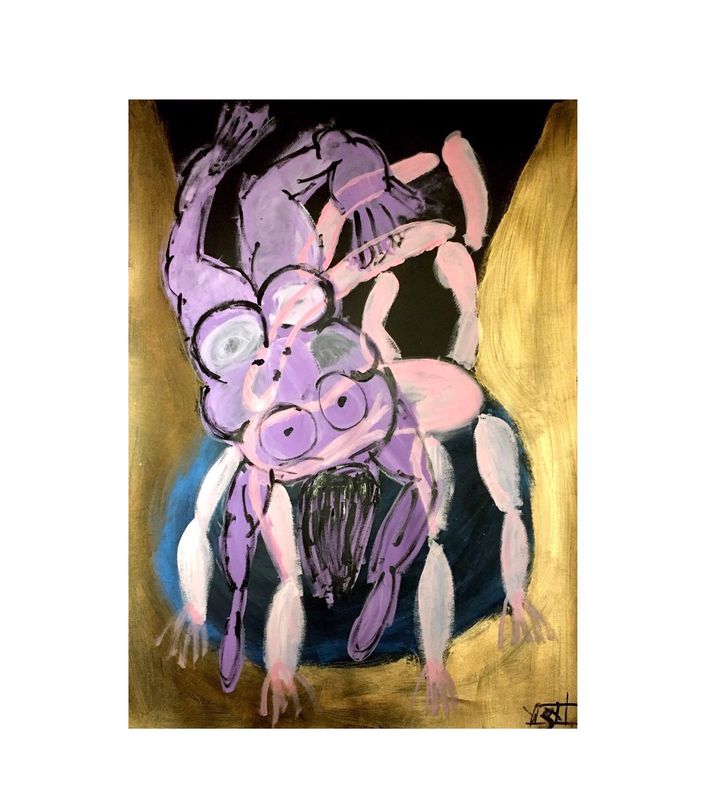 Lavender and pale pink forms build a many-limbed body that fills most of the sheet, outlined throughout in loose black brushstrokes. Near the centre two large circles hold dark dots, with a third ringed circle beside them and two more ringed circles higher left. Six pale pink and white segmented limbs radiate outward, each ending in small splayed fingers along the bottom and right. A black hatched triangular patch hangs below the central circles. A dark blue oval sits behind the lower half, black fills the upper area, and vertical gold strokes run down both side edges.