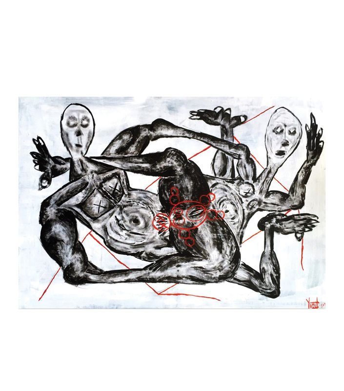 Overlapping grey and black bodies spread across the full width against a pale blue-white ground. At left a figure with a white ovoid head, hollow eyes and a small dark mouth raises one hand with spread fingers. At right another ovoid white head with an open mouth tops a body whose two arms lift, fingers spread. Between them a large dark torso lies horizontally, legs extending to the lower right and an arm crossing the upper centre. Red outlined circles of varying size cluster at the middle around a red oval. Thin red diagonal lines run corner to corner. Black crosses mark several chests.