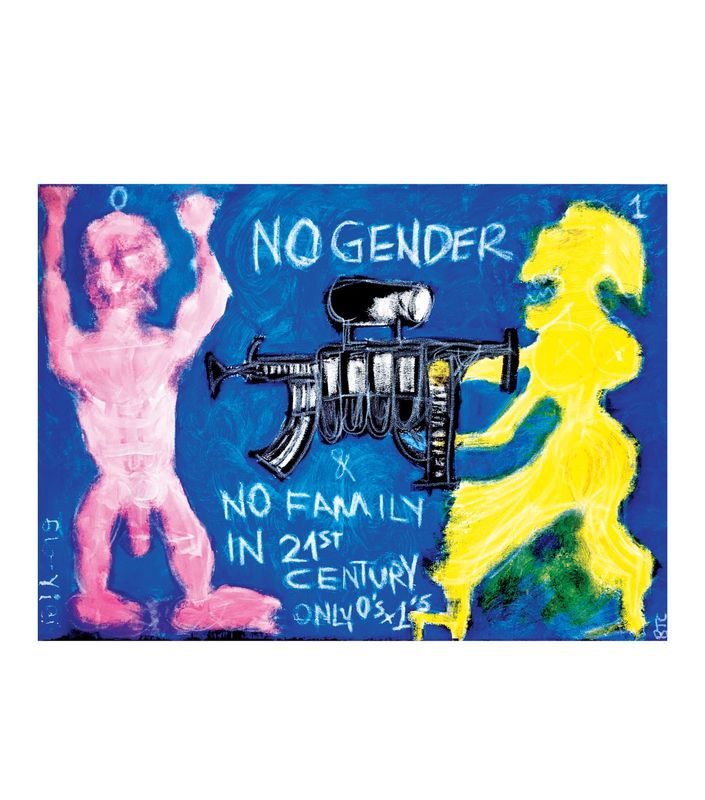 A blue field of swirled brushwork holds two figures turned toward each other. At left a pink nude stands frontally, both arms raised above the head, legs apart, feet on pink patches at the bottom. At right a yellow figure in profile leans left with both arms stretched forward, breasts marked as circles crossed by lines, green strokes behind its legs. Between them a large black and white firearm with a curved magazine, a cylinder on top and a barrel pointing left. White capitals read NO GENDER above and NO FAMILY IN 21st CENTURY ONLY 0's x 1's below. A 0 marks the top left, a 1 the top right.