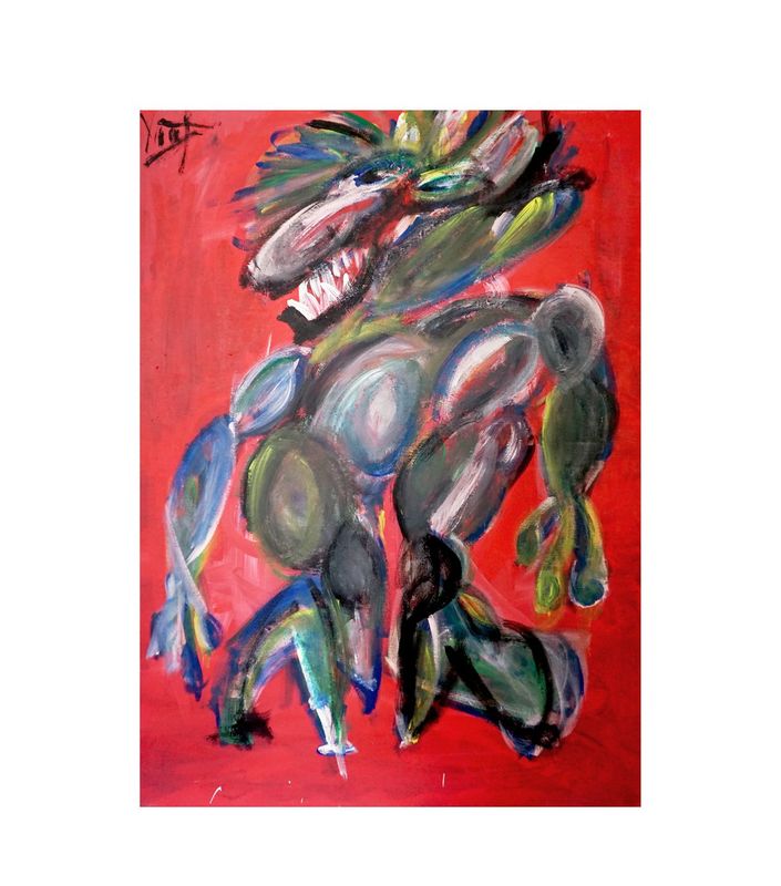 Against a flat red ground that covers the whole surface, a single upright figure rises through the centre. Its head, in the upper area, turns to the left and opens a long jaw showing a row of white triangular teeth. Fanning strokes of black, green, blue and yellow spread from the top of the head. The torso is built from overlapping rounded ovals in grey green, olive, white and black, edged with blue and yellow. Two legs descend to the lower edge, and a limb on the right ends in green and yellow lobes. A black brush mark sits in the top left corner.