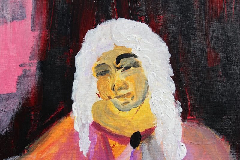 A yellow face in a white wig from Virgil on Virtual Cage, against dark red.
