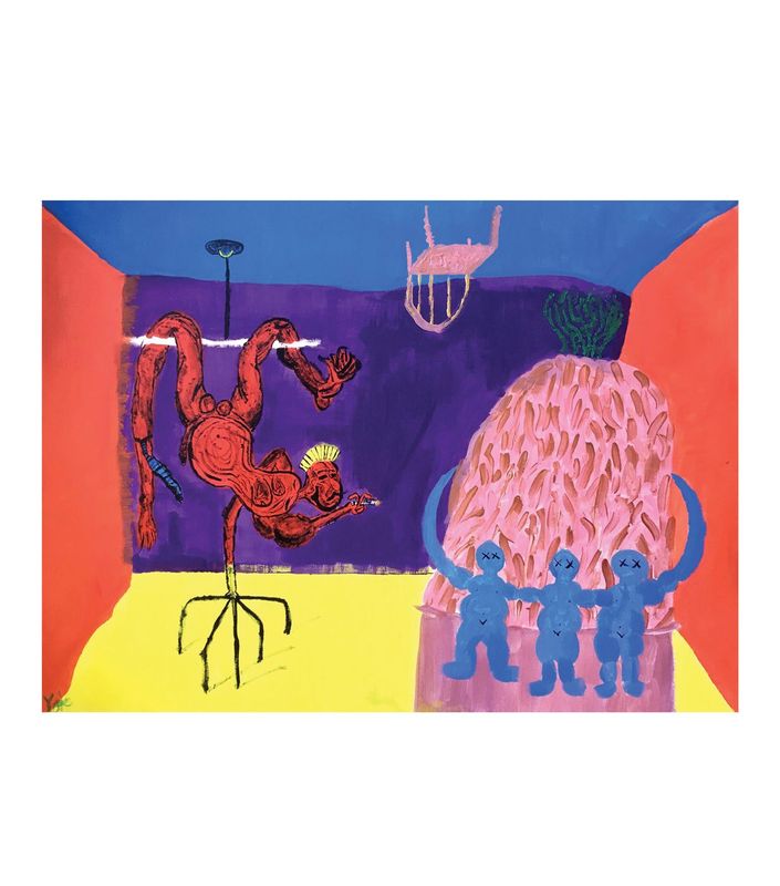 Inside a room with red angled side walls, a blue ceiling, a purple back wall and a yellow floor, a red figure balances horizontally on a thin black pole with a splayed tripod base at left. Its head, with yellow spiked hair, faces right and its hand holds a small striped object. A blue segmented tube sits along the left arm. A pale pink chair floats upside down at top centre. At right a large pink mound covered in brown strokes carries a green bush; three blue figures with X eyes stand in a row before it, arms linked, flanked by two blue crescents.