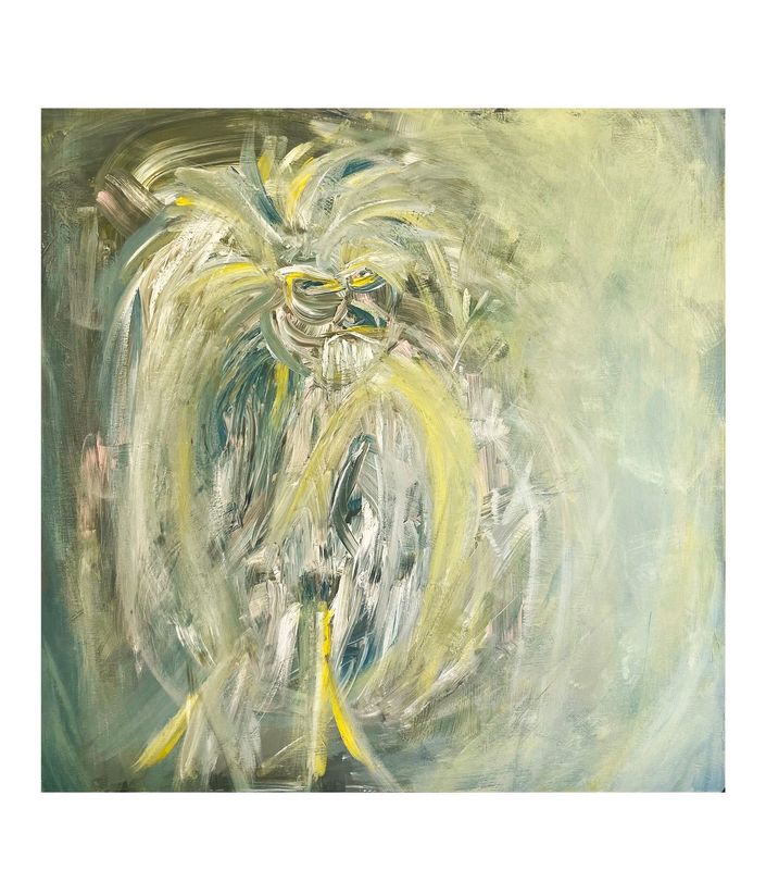 Sweeping curved brushstrokes fill the left two thirds of the square, building a tall rounded mass of pale yellow, off-white, olive green and teal, with pale pink patches at the upper left and on the left side below centre. Near the top, short horizontal strokes form two dark elongated marks side by side above a fan of vertical white strokes. Below, yellow arcs curve down both sides around a teal, grey and white core. Three yellow strokes reach toward the bottom edge, one at the lower left and two crossing near the centre. Dark olive brown fills the upper left corner; the right third is thin pale green grey.