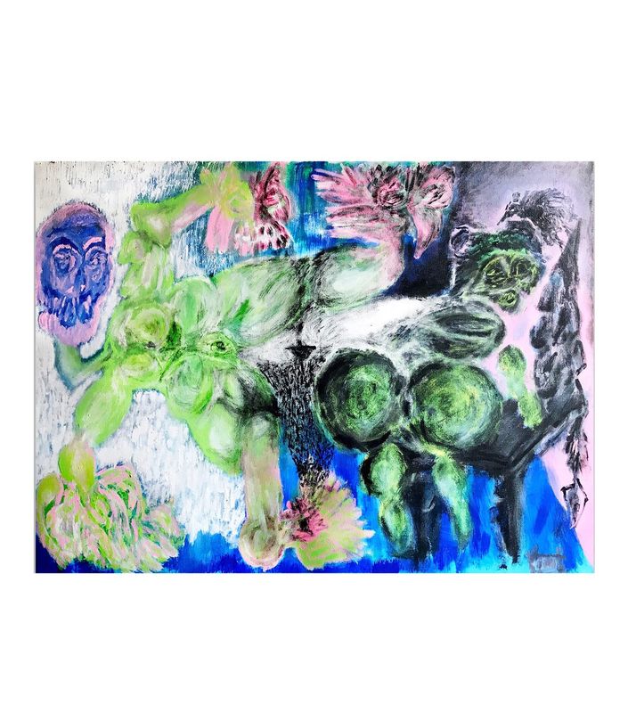 Overlapping rounded masses in pale green fill the centre and form a reclining body whose limb reaches down to a hand at the lower edge. An oval pink and blue face with two large eyes sits in the upper left. Pink and green feathered forms spread across the top. At right a dark green head with bared teeth rises above two large green spheres set on a black mass, with green legs below. A bright blue band runs along the bottom, white and pale grey cover the left, and lavender fills the upper right corner.
