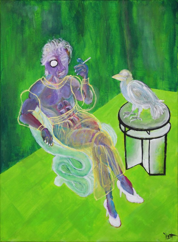 A figure sits in a pale mint armchair in a green room, turned a little to the left, one hand raised with a cigarette in it. The skin is violet and mauve and the cropped hair is painted in dry white strokes. In place of one eye a white disc sits inside a black ring; the other eye is a pale drawn almond, and neither has a pupil. A sleeveless dress is given only by a thin yellow line laid over the body, which shows through it, and a cluster of dark red squares sits at the chest. The near hand rests on the chair arm with white nails hanging over its edge, and the legs cross and end in white court shoes with a red line along the sole. The base of the chair coils in translucent mint loops that the floor reads through. At right a pale bird with a yellow beak stands on the round green top of a black-outlined side table whose foot is built of flat panels, its head turned toward the figure. A dark green wall meets a bright green floor on a diagonal that rises from left to right. A small signature sits in the lower right corner.