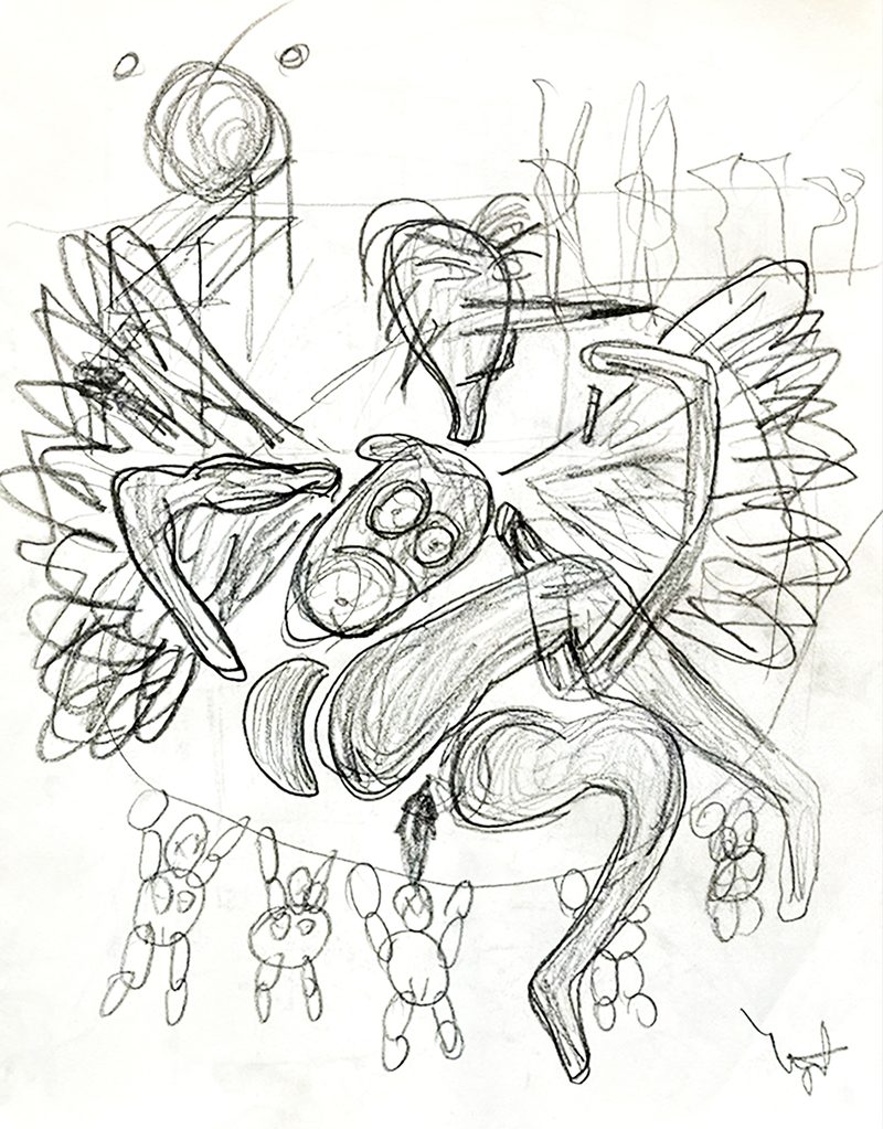 Pencil study for good people helping bad ones (that’s why they’re bad too), a drawing by Yiğit Özen