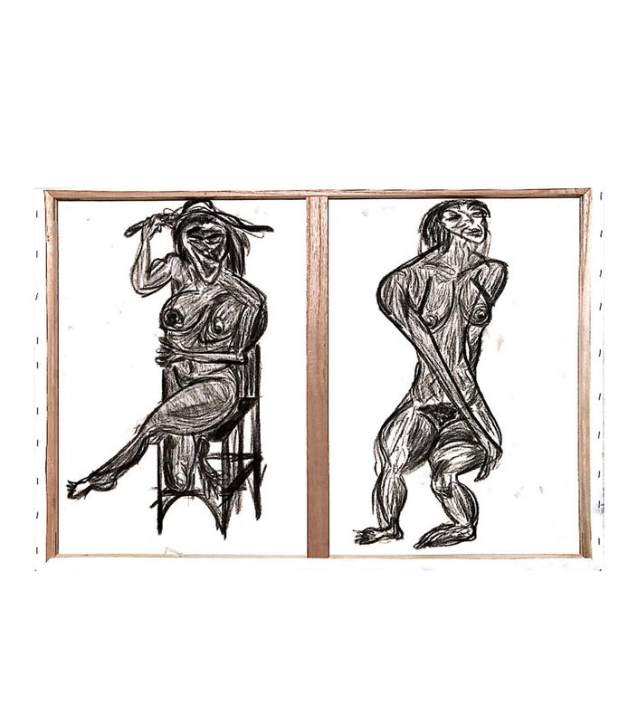 Charcoal drawing on off-white canvas, split into two panels by a vertical wooden stretcher bar, with further bars framing the outer edges and staples running down the left and right sides. In the left panel a nude figure sits on a straight-backed chair in three-quarter view, one arm raised to the head, one leg stretched out to the left, the other bent under the seat. In the right panel a second nude figure stands frontally, arms drawn behind the back, knees bent, feet flat and broad. Both are worked in dense hatching with heavy dark contour lines.